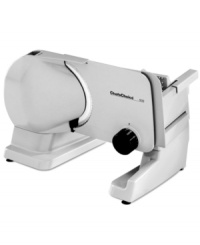 A slice of versatility! Enjoy ease in the kitchen with the smart design of this efficient slicer. A multi-purpose stainless steel blade conquers a wide range of your favorite foods, and the large capacity food carriage retracts to take on extra large roasts, hams and other foods you love. The powerful motor, precision thickness settings and easy-clean design make an art of slicing. 1-year limited warranty. A slice of versatility! Enjoy ease in the kitchen with the smart design of this efficient slicer. A multi-purpose stainless steel blade conquers a wide range of your favorite foods, and the large capacity food carriage retracts to take on extra large roasts, hams and other foods you love. The powerful motor, precision thickness settings and easy-clean design make an art of slicing. 1-year limited warranty.