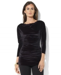 Lauren Ralph Lauren's elegant top is crafted in soft, fluid velvet and finished with a boatneck and flattering ruching at the sides. Lauren Ralph Lauren's elegant top is crafted in soft, fluid velvet and finished with a boatneck and flattering ruching at the sides.