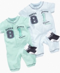What a sport. He'll look like he's ready for his first game in this athletically-styled coverall with socks from Guess. What a sport. He'll look like he's ready for his first game in this athletically-styled coverall with socks from Guess.
