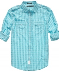 Lighten your look. This sheer check shirt from Sean John is a just-right laid-back look.