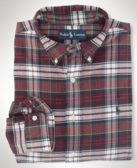 Cut for a classic, relaxed fit, a handsome sport shirt is crafted from soft oxford-woven cotton in a bold plaid pattern. Cut for a classic, relaxed fit, a handsome sport shirt is crafted from soft oxford-woven cotton in a bold plaid pattern.