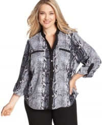 Snag fierce style this fall with Elementz' roll-tab sleeve plus size shirt, featuring a snakeskin print! Snag fierce style this fall with Elementz' roll-tab sleeve plus size shirt, featuring a snakeskin print!
