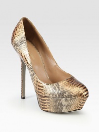 Achieve the height of chic with this tall platform silhouette of luxe water snake. Self-covered heel, 5 (125mm)Covered platform, 1½ (40mm)Compares to a 3½ heel (90mm)Water snake upperLeather lining and solePadded insoleMade in ItalyOUR FIT MODEL RECOMMENDS ordering true size. Achieve the height of chic with this tall platform silhouette of luxe water snake. Self-covered heel, 5 (125mm)Covered platform, 1½ (40mm)Compares to a 3½ heel (90mm)Water snake upperLeather lining and solePadded insoleMade in ItalyOUR FIT MODEL RECOMMENDS ordering true size.