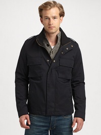 Inspired by military-style, this zip-up jacket exudes casual cool, shaped in rich cotton that offers a rugged yet refined appeal to a heritage look.Zip frontSnap button placketShoulder epaulettesChest flap, waist slash pocketsAbout 25 from shoulder to hemCottonMachine washImported Inspired by military-style, this zip-up jacket exudes casual cool, shaped in rich cotton that offers a rugged yet refined appeal to a heritage look.Zip frontSnap button placketShoulder epaulettesChest flap, waist slash pocketsAbout 25 from shoulder to hemCottonMachine washImported