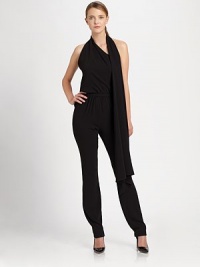 A long draped panel adds high drama to this stylish silhouette. Cascading neck sashSleevelessElasticized waistSide zipperTapered legElasticized backFully linedAbout 34 from natural waist60% triacetate/40% polyesterDry cleanImportedModel shown is 5'10½ (179cm) wearing US size 4. A long draped panel adds high drama to this stylish silhouette. Cascading neck sashSleevelessElasticized waistSide zipperTapered legElasticized backFully linedAbout 34 from natural waist60% triacetate/40% polyesterDry cleanImportedModel shown is 5'10½ (179cm) wearing US size 4.