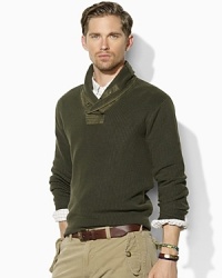 Crisp woven insets at the shawl collar lend a hint of rugged appeal to a timeless sweater in ribbed-knit cotton. Crisp woven insets at the shawl collar lend a hint of rugged appeal to a timeless sweater in ribbed-knit cotton.