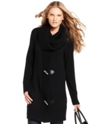 Snuggle up to the chic comfort of MICHAEL Michael Kors' toggle-front plus size sweater, featuring a removable cowlneck. Snuggle up to the chic comfort of MICHAEL Michael Kors' toggle-front plus size sweater, featuring a removable cowlneck.