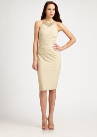 Chic and ultra-glamorous, this body-skimming metallic style features flattering side ruching and a bejeweled neckline.Jeweled halter style necklineSpaghetti strapsSide ruchingConcealed back zipFully linedAbout 26 from natural waist74% polyester/12% spandex/8% nylon/6% metallic threadDry cleanMade in USA of imported fabricModel shown is 5'9 (175cm) wearing US size 4. 