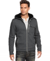 Stay warm while looking cool in this hodded INC International Concepts track jacket. Stay warm while looking cool in this hodded INC International Concepts track jacket.