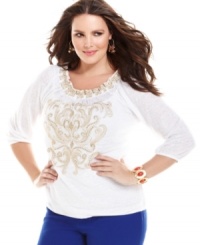 It's your time to shine with INC's three-quarter sleeve plus top, accented by sequined embroidery. It's your time to shine with INC's three-quarter sleeve plus top, accented by sequined embroidery.