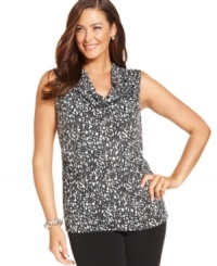 Broadcasting an embellished print, Alfani's sleeveless plus size top is a perfect partner for your neutral bottoms-- layer it with jackets and cardigans this season! Broadcasting an embellished print, Alfani's sleeveless plus size top is a perfect partner for your neutral bottoms-- layer it with jackets and cardigans this season!