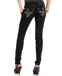 Glam embroidery and rhinestones add eye-catching appeal to these sleek & chic Miss Me black skinny jeans! Glam embroidery and rhinestones add eye-catching appeal to these sleek & chic Miss Me black skinny jeans!