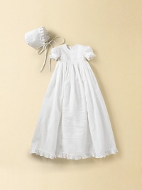 A lovely style with graceful embroidery and ruffle trim. Comes with matching bonnet Puff sleeves Gathered skirt for fullness Back button closure Two layers of cotton lining Cotton; dry clean Imported FIT RECOMMENDATION: Please note that this style runs small. A lovely style with graceful embroidery and ruffle trim. Comes with matching bonnet Puff sleeves Gathered skirt for fullness Back button closure Two layers of cotton lining Cotton; dry clean Imported FIT RECOMMENDATION: Please note that this style runs small.