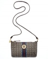 Live la vida logo with this signature print purse from Tommy Hilfiger. The compact crossbody design it adorned with golden hardware, monogram plaque and preppy center stripe, for an undecidedly uptown look.