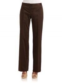 THE LOOKFlat front styleMid-width waistband with hook-and-eye closureFront zipperDual back welt pocketsTHE FITRise, about 9Inseam, about 29THE MATERIAL55% cotton/42% Lycra/3% spandexCARE & ORIGINDry cleanImportedModel shown is 5'9½ (176cm) wearing US size 4. THE LOOKFlat front styleMid-width waistband with hook-and-eye closureFront zipperDual back welt pocketsTHE FITRise, about 9Inseam, about 29THE MATERIAL55% cotton/42% Lycra/3% spandexCARE & ORIGINDry cleanImportedModel shown is 5'9½ (176cm) wearing US size 4.