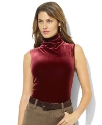 Lauren Ralph Lauren's polished turtleneck is rendered in soft stretch velvet with a sleeveless silhouette and crest-embossed buttons at the back for timeless sophistication and comfort. Lauren Ralph Lauren's polished turtleneck is rendered in soft stretch velvet with a sleeveless silhouette and crest-embossed buttons at the back for timeless sophistication and comfort.