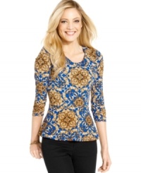 NY Collection's petite top features a divine print and flattering peplum at the waist! Wear it with slim pants or a pencil skirt for the ultimate in style! NY Collection's petite top features a divine print and flattering peplum at the waist! Wear it with slim pants or a pencil skirt for the ultimate in style!