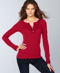 Ruffles make for a fun, feminine take on the traditional henley tee! INC's stylish version also features rhinestone buttons for a little extra shine. Ruffles make for a fun, feminine take on the traditional henley tee! INC's stylish version also features rhinestone buttons for a little extra shine.