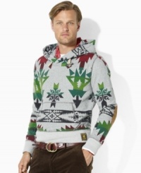 A bold Western-inspired print adorns a handsome fleece hoodie with a shawl collar and distressed leather patches at the elbows for a polished yet free-spirited feel. A bold Western-inspired print adorns a handsome fleece hoodie with a shawl collar and distressed leather patches at the elbows for a polished yet free-spirited feel.