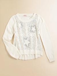 She'll be starstruck in this long-sleeved knit with hi-lo hem and embellishments.ScoopneckLong sleevesPullover styleHi-lo hem55% cotton/45% acrylicMachine washImported She'll be starstruck in this long-sleeved knit with hi-lo hem and embellishments.ScoopneckLong sleevesPullover styleHi-lo hem55% cotton/45% acrylicMachine washImported