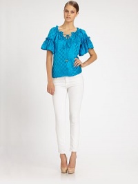 EXCLUSIVELY AT SAKS. Tonal shapes on gorgeous silk elevate this fluttery swing topper trimmed with delicate ruffles.Ruffled drawstring necklineV-cut notchGathered sleevesAbout 25 from shoulder to hemSilkDry cleanMade in USA of imported fabricModel shown is 5'9 (175cm) wearing US size 4. EXCLUSIVELY AT SAKS. Tonal shapes on gorgeous silk elevate this fluttery swing topper trimmed with delicate ruffles.Ruffled drawstring necklineV-cut notchGathered sleevesAbout 25 from shoulder to hemSilkDry cleanMade in USA of imported fabricModel shown is 5'9 (175cm) wearing US size 4.