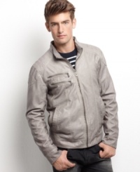 With a rugged worn-in look and a sleek leather-like style, this Guess Jeans jacket is undeniably cool. With a rugged worn-in look and a sleek leather-like style, this Guess Jeans jacket is undeniably cool.