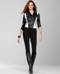 Colorblocking adds a fresh perspective to INC's motorcycle-inspired jacket. Faux leather and knit fabric create a fashionable mix. Colorblocking adds a fresh perspective to INC's motorcycle-inspired jacket. Faux leather and knit fabric create a fashionable mix.