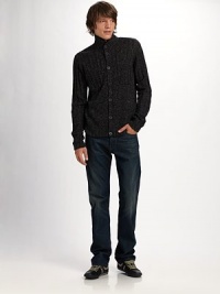 A new-look sweater for downtown guys, shaped with wide ribbing and a unique buttonfront. Leather elbow patches and placket trim add smart tonal detail. Buttonfront Chest patch pockets Leather elbow patches and placket trim 50% acrylic/30% wool/20% linen Dry clean Imported A new-look sweater for downtown guys, shaped with wide ribbing and a unique buttonfront. Leather elbow patches and placket trim add smart tonal detail. Buttonfront Chest patch pockets Leather elbow patches and placket trim 50% acrylic/30% wool/20% linen Dry clean Imported