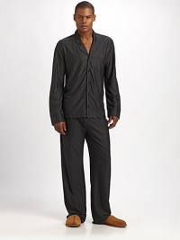 Two-piece set, in a luxurious blend of silk and cotton, is soft to the touch with a subtle sheen. 70% silk/30% cotton jersey. Hand wash. Imported.SHIRTButton frontChest pocketPANTSCovered elastic drawstring waistSingle back patch pocketInseam, about 32 Two-piece set, in a luxurious blend of silk and cotton, is soft to the touch with a subtle sheen. 70% silk/30% cotton jersey. Hand wash. Imported.SHIRTButton frontChest pocketPANTSCovered elastic drawstring waistSingle back patch pocketInseam, about 32