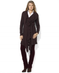 Lauren Ralph Lauren's cozy long cardigan is made ultra-feminine with ruffled trim at the placket and hemline, creating a chic layering essential. Lauren Ralph Lauren's cozy long cardigan is made ultra-feminine with ruffled trim at the placket and hemline, creating a chic layering essential.