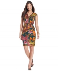 Ellen Tracy's abstract floral-print dress gets a dose of structure from chic faux leather trim. Ellen Tracy's abstract floral-print dress gets a dose of structure from chic faux leather trim.