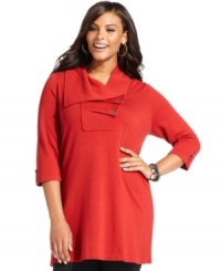 A pleated neckline lends a unique finish to Style&co.'s plus size tunic sweater-- stay warm and chic this season! A pleated neckline lends a unique finish to Style&co.'s plus size tunic sweater-- stay warm and chic this season!