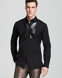Rock this high design look, a powerful button-down with a geometric front panel, to transform your night plans from fun to electrifying. From HUGO. Rock this high design look, a powerful button-down with a geometric front panel, to transform your night plans from fun to electrifying. From HUGO.