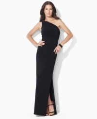 The sweeping glamour of a one-shoulder silhouette is captured in the elegant matte jersey dress from Lauren by Ralph Lauren, embellished with delicate ruching and a dazzling crystal-encrusted accent. The sweeping glamour of a one-shoulder silhouette is captured in the elegant matte jersey dress from Lauren by Ralph Lauren, embellished with delicate ruching and a dazzling crystal-encrusted accent.
