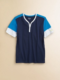 Crafted in airy cotton, this ultra-cool, button-front Henley gets an eye-catching update in a colorblocked design.V-neckShort sleevesButton-frontCottonMachine washImported Please note: Number of buttons may vary depending on size ordered. Crafted in airy cotton, this ultra-cool, button-front Henley gets an eye-catching update in a colorblocked design.V-neckShort sleevesButton-frontCottonMachine washImported Please note: Number of buttons may vary depending on size ordered.
