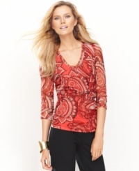 INC's double-mesh top just got an upgrade: flattering ruching and an exotic, intricate print make this V-neck stand out! INC's double-mesh top just got an upgrade: flattering ruching and an exotic, intricate print make this V-neck stand out!