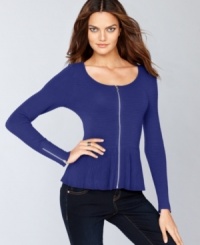 Try a sweater with a fresh perspective: INC's peplum top can be worn zipped-up alone or layered with a shell like a cardigan. Try a sweater with a fresh perspective: INC's peplum top can be worn zipped-up alone or layered with a shell like a cardigan.