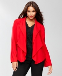 Add a feminine touch to your wardrobe in INC's plus size blazer, complete with a draped lapel. Add a feminine touch to your wardrobe in INC's plus size blazer, complete with a draped lapel.