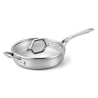 With a copper core layered between aluminum and finished with magnetic stainless steel exterior, this 3-quart sauté pan with lid is designed for the modern at-home chef. With a copper core layered between aluminum and finished with magnetic stainless steel exterior, this 3-quart sauté pan with lid is designed for the modern at-home chef.