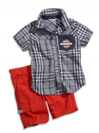 GUESS Kids Boys Baby Boy Plaid Shirt & Pull-On Short, NAVY (12M)