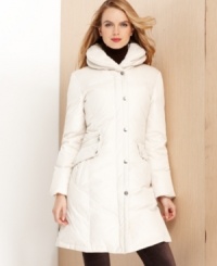 DKNY's coat is ready for the cold with a stylish pillow collar and plush faux-fur lining! Down-blend fill gives it extra insulation, too. DKNY's coat is ready for the cold with a stylish pillow collar and plush faux-fur lining! Down-blend fill gives it extra insulation, too.