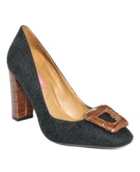 What's cooler than this combo? Crocodile embossed leather covers the heel and toe detail of Isaac Mizrahi New York's Lucia pumps while a flannel upper creates an interesting contrast. What's cooler than this combo? Crocodile embossed leather covers the heel and toe detail of Isaac Mizrahi New York's Lucia pumps while a flannel upper creates an interesting contrast.