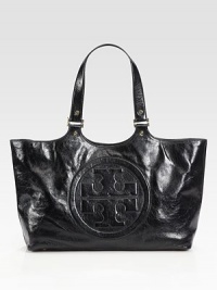 Perfect for every day of the week, this rich leather design embossed with the iconic logo is sure to fit every must-have.Shoulder straps, 8½ drop Top zip closure One inside zip pocket Two inside open pockets Canvas lining 17W X 9H X 4D Imported