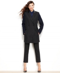 The epitome of subtle sophistication, DNKY's wool-blend reefer coat features a rich black body with contrasting navy sleeves. The epitome of subtle sophistication, DNKY's wool-blend reefer coat features a rich black body with contrasting navy sleeves.