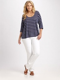 Skinny stripes and a feminine neckline give this tee maximum appeal. The super-soft fabrication makes it a must-have this season.ScoopneckThree-quarter sleevesVibrant stripesAbout 26 from shoulder to hem39% supima cotton/39% modal/22% polyesterMachine washMade in USA Skinny stripes and a feminine neckline give this tee maximum appeal. The super-soft fabrication makes it a must-have this season.ScoopneckThree-quarter sleevesVibrant stripesAbout 26 from shoulder to hem39% supima cotton/39% modal/22% polyesterMachine washMade in USA