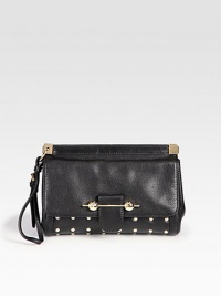 An edgy design in supple leather, perfect for your essentials.Adjustable wrist strap, 6-6½ dropMagnetic snap flap closureDetachable tasselOne inside zip pocketOne inside open pocketSilk blend lining9W X 6½H X 2½DMade in Italy An edgy design in supple leather, perfect for your essentials.Adjustable wrist strap, 6-6½ dropMagnetic snap flap closureDetachable tasselOne inside zip pocketOne inside open pocketSilk blend lining9W X 6½H X 2½DMade in Italy