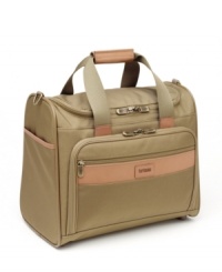 A sleek design and strong build let you travel with confidence. The satchel carries travel essentials in a go-anywhere vertical shape. Constructed of lightweight and durable ballistic nylon, with tough, full-grain leather trim and a finish in antique brass or matte black nickel hardware. Exclusive MT2 Technology provides exceptionally strong wheels, handle and frame. Stores in overhead compartments for convenience. A sleek design and strong build let you travel with confidence. The satchel carries travel essentials in a go-anywhere vertical shape. Constructed of lightweight and durable ballistic nylon, with tough, full-grain leather trim and a finish in antique brass or matte black nickel hardware. Exclusive MT2 Technology provides exceptionally strong wheels, handle and frame. Stores in overhead compartments for convenience.