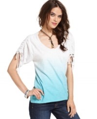 Boho style gets an artistic touch in this DKNY Jeans top, featuring ombre fabric and chic ruched sleeves. Boho style gets an artistic touch in this DKNY Jeans top, featuring ombre fabric and chic ruched sleeves.