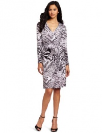 Jones New York Women's Long Sleeve Faux Wrap Dress, Black Multi, Petite Small