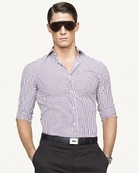 An elegant striped shirt is expertly tailored for a trim, modern fit and handsomely rendered in smooth poplin with a hint of stretch for sleek, stylish comfort. An elegant striped shirt is expertly tailored for a trim, modern fit and handsomely rendered in smooth poplin with a hint of stretch for sleek, stylish comfort.